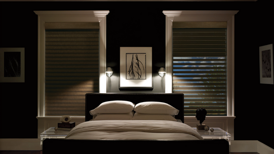 Silhouette A deux Room Darkening Blinds_Shades on both sides of bed with lighting on each side