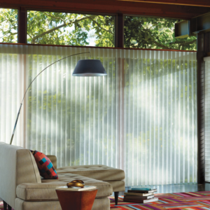 Mid-century modern living room vertical drapery sheer panels