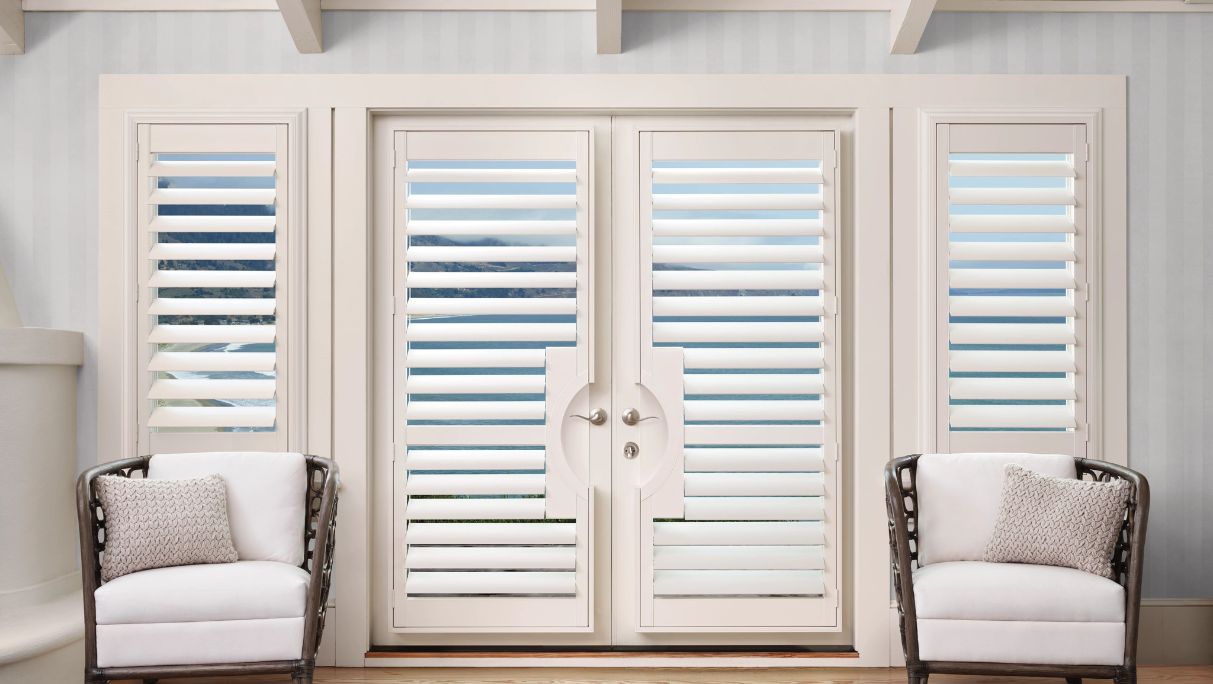 open Plantation shutters on french doors