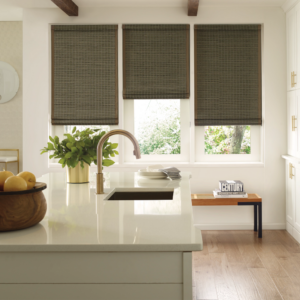 green woven wood shades in the kitchen, partially open