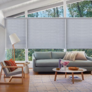 Living room cellular roller shade with vaulted ceiling