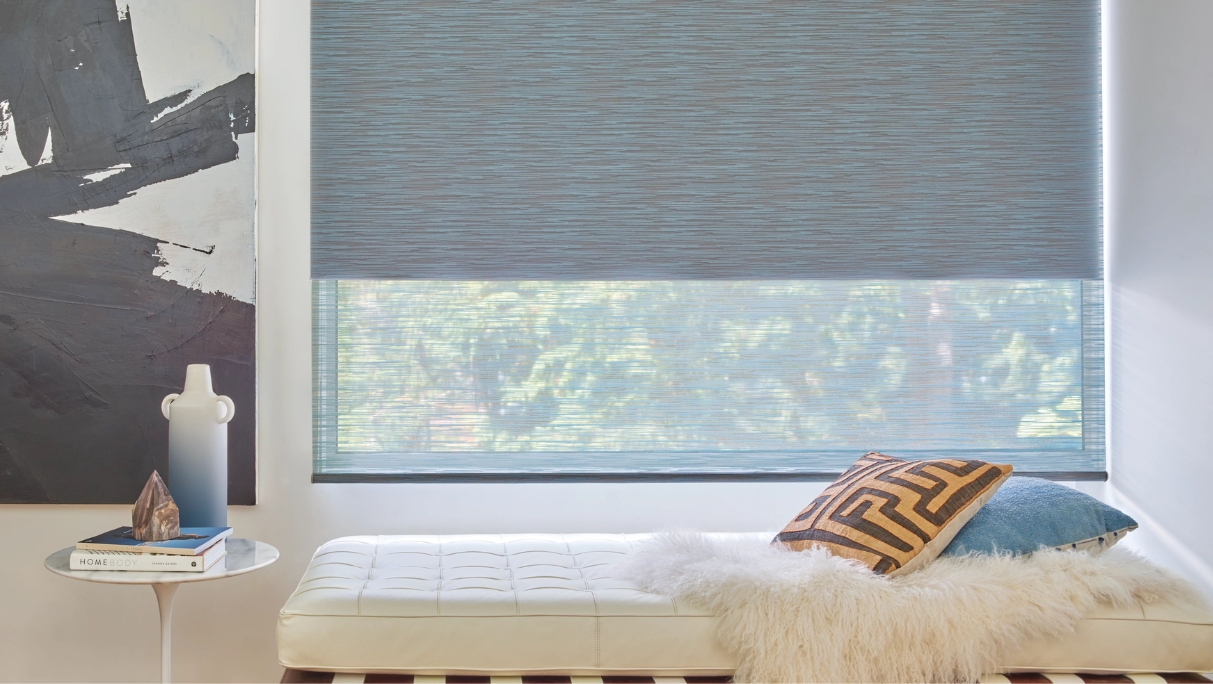 Living room with duolite darkening shades half open with roller screen shade down, 2 shades in 1 roller shade