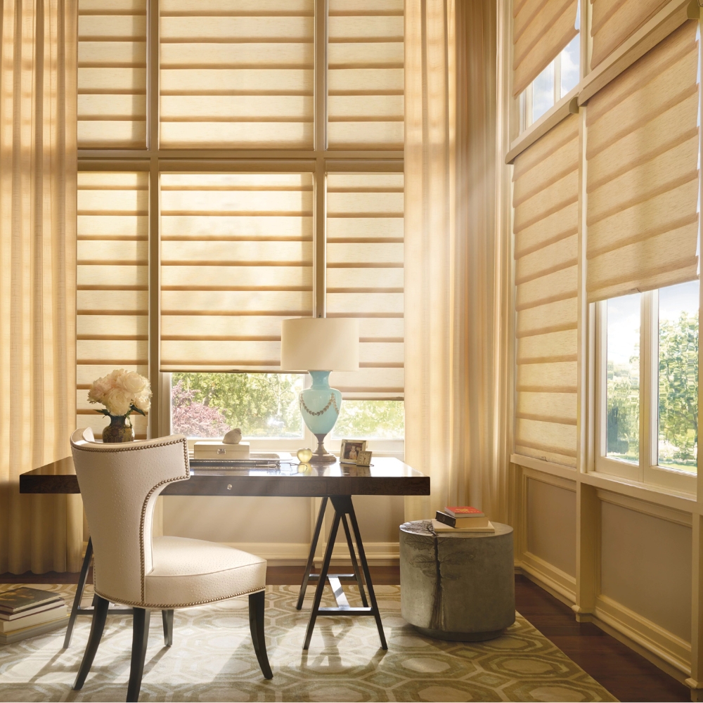 Hunter Douglas Vignette Roman Shades in home office/den Open with Vaulted Ceiling