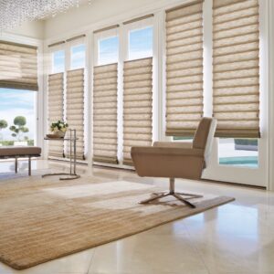 Hunter Douglas Vignette Roman Shades in Living Room Open