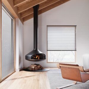 metal blinds in living room window by fireplace are blinds 30% open in front of metal chair