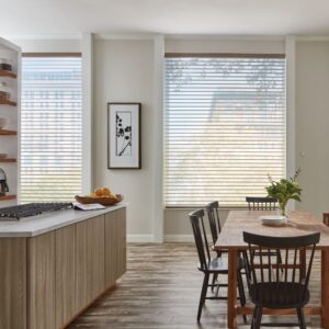 Hunter Douglas Nantucket sheer shades open in kitchen with soft light and view of city buildings