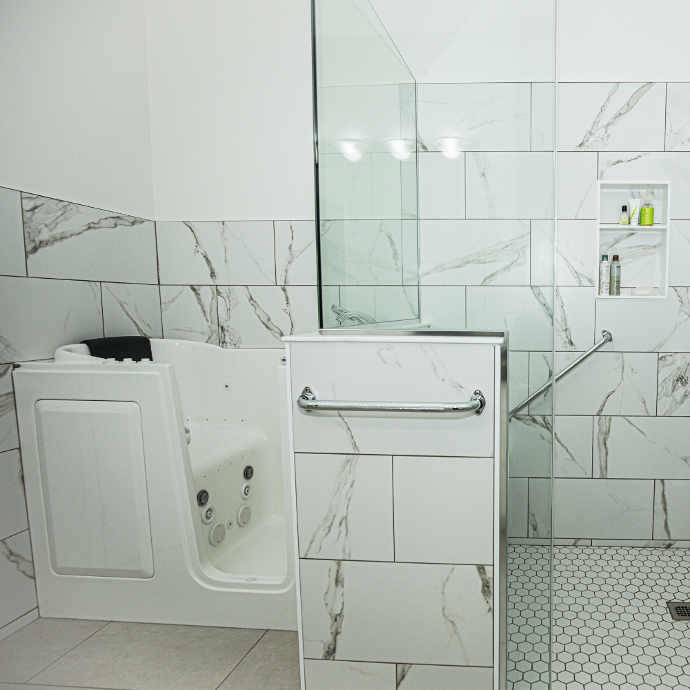 Accessible Design with shower enclosure, safety bars and a seated tub with door entry with massage jets