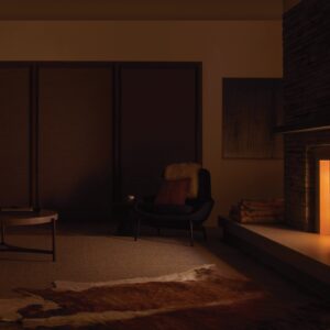 living room blackout shades closed with fireplace glow