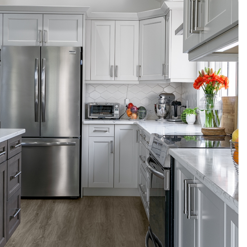 kitchen cabinets, flooring and appliances