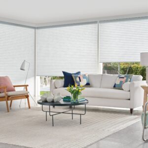 Sonnette Roller shades with Kickback in living room, shades partially open