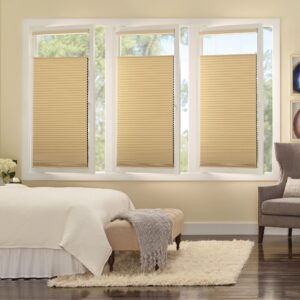 Three trackglide shades open from side with shades open on top in bedroom