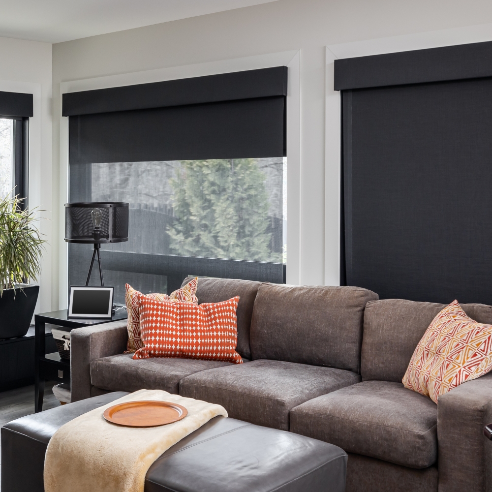 Living room with black screen roller shades with blackout liner