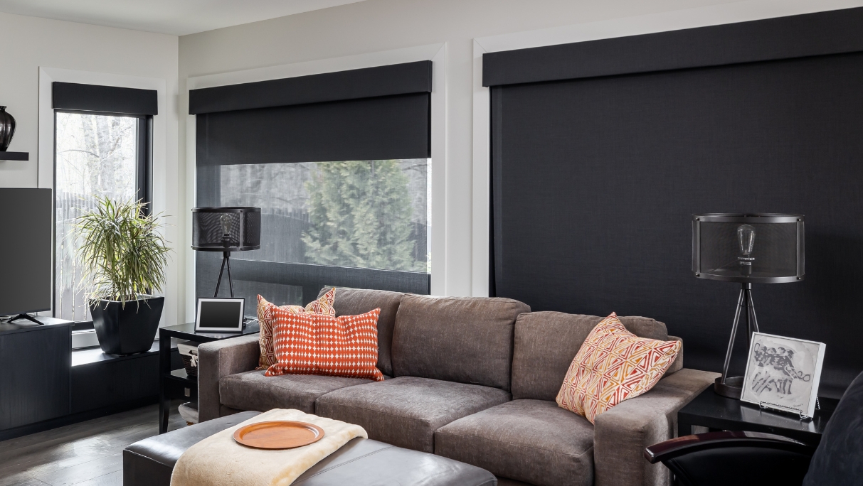 living room sofa and window treatments