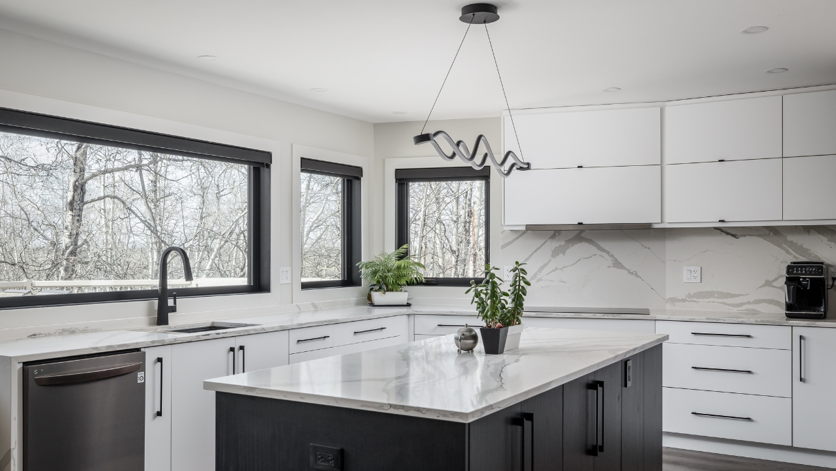 kitchen windows, island and cabinets